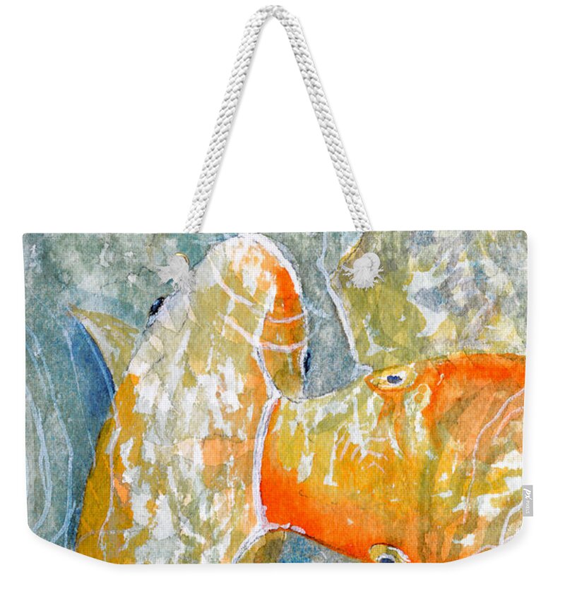 Koi Carp Weekender Tote Bag featuring the painting Koi Carp Feeding Frenzy by Bill Holkham