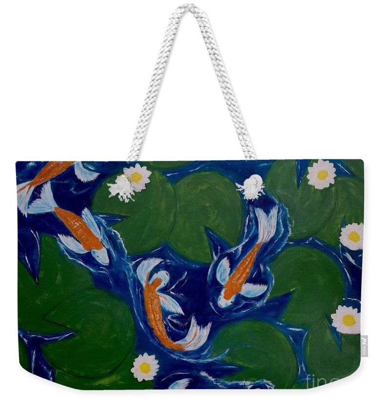 A Weekender Tote Bag featuring the painting Koi Fish with Giant Lily Pads by Catalina Walker