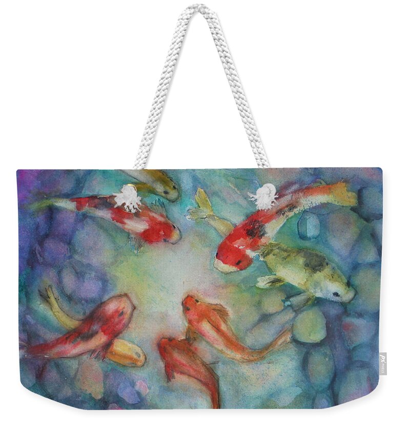 Multi Color Weekender Tote Bag featuring the painting Koi in Pond by Denice Palanuk Wilson