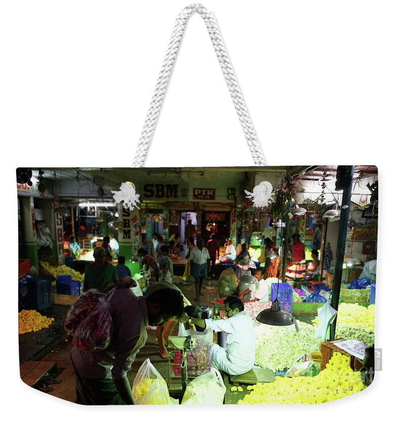 India Weekender Tote Bag featuring the photograph Koyambedu Flower Market Stalls by Mike Reid
