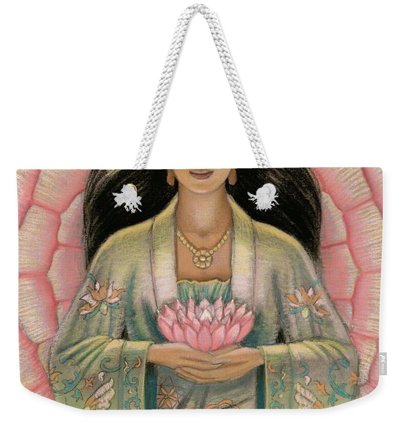 Kuan Yin Weekender Tote Bag featuring the painting Kuan Yin Pink Lotus Heart by Sue Halstenberg