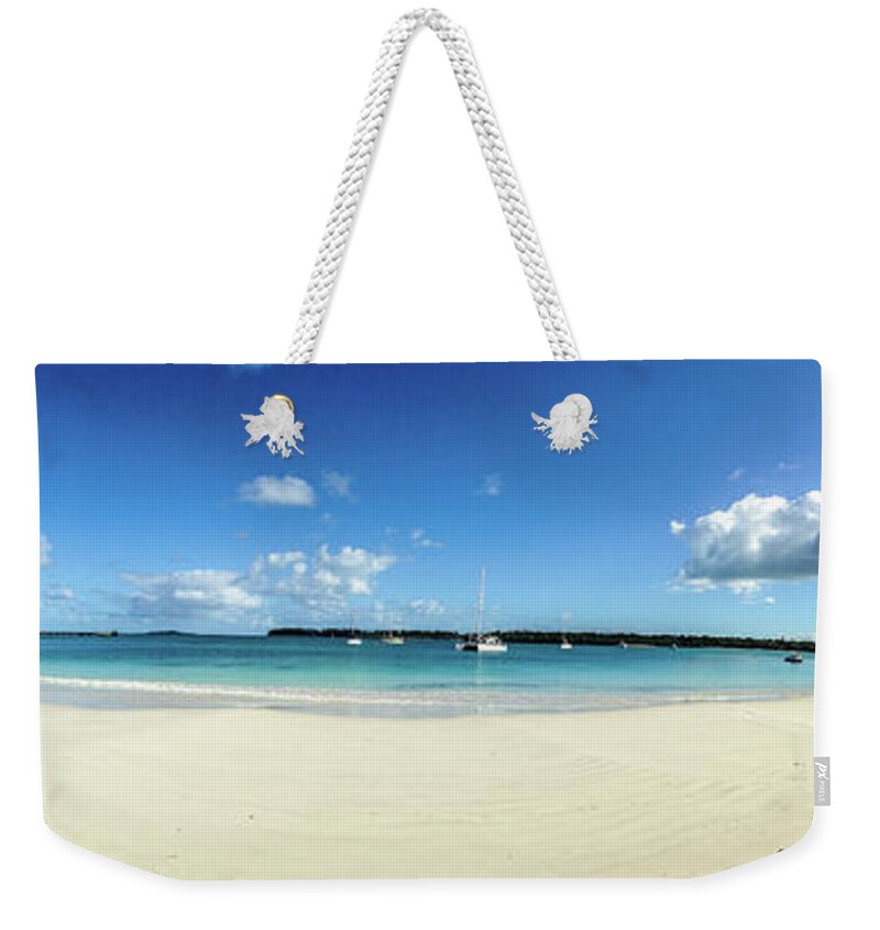 Panorama Weekender Tote Bag featuring the photograph Kuto Bay morning pano by Dorothy Darden