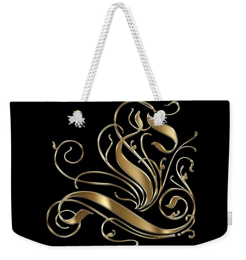 Golden Letter L Weekender Tote Bag featuring the painting L Golden Ornamental Letter Typography by Georgeta Blanaru