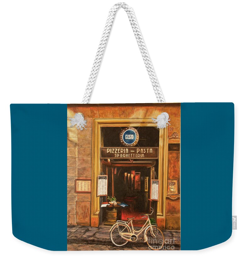 Italian Cafe Painting Weekender Tote Bag featuring the painting La Bicicletta by Charlotte Blanchard