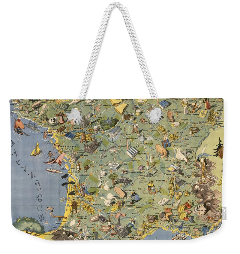 France Map Weekender Tote Bag featuring the mixed media La France Touristique et Gastronomique - Pictorial Illustrated Map of France -Cartography by Studio Grafiikka