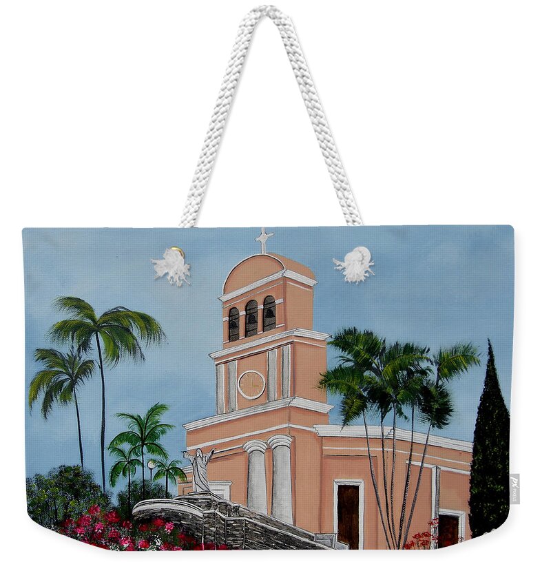 Church Weekender Tote Bag featuring the painting La Monserrate by Gloria E Barreto-Rodriguez
