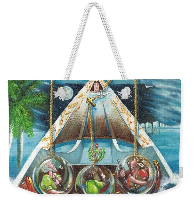 Ermita De La Caridad Weekender Tote Bag featuring the painting La Virgen de la Caridad del Cobre en Miami by Roger Calle