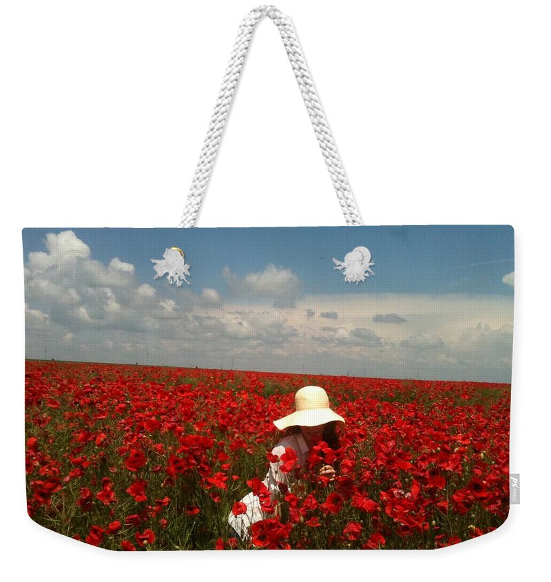 Red Poppies Field Weekender Tote Bag featuring the painting Lady and Red Poppies by Georgeta Blanaru