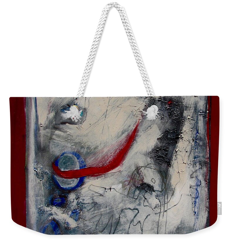 Abstract Expressionism Weekender Tote Bag featuring the painting Lady Deciding by Carole Johnson