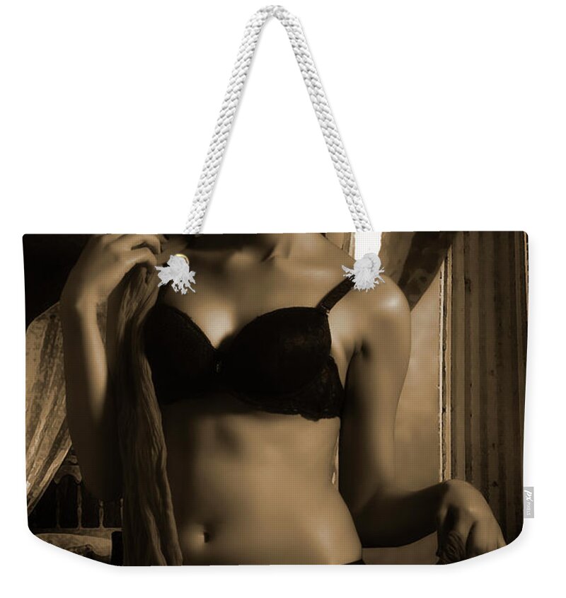 Seductive Weekender Tote Bag featuring the photograph Lady in Bed room by Kiran Joshi