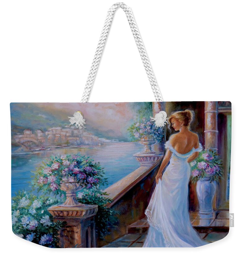 Figurative Art By Gina Femrite Weekender Tote Bag featuring the painting Lady in blue by Regina Femrite