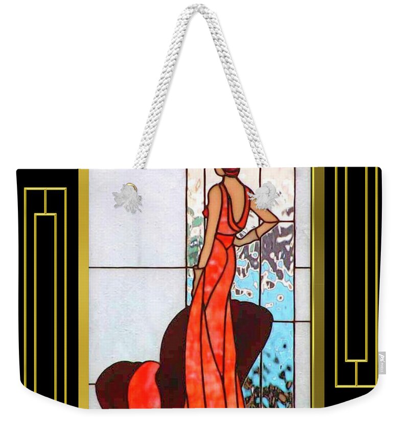 Art Deco Weekender Tote Bag featuring the digital art Lady in Red - Frame 5 by Chuck Staley