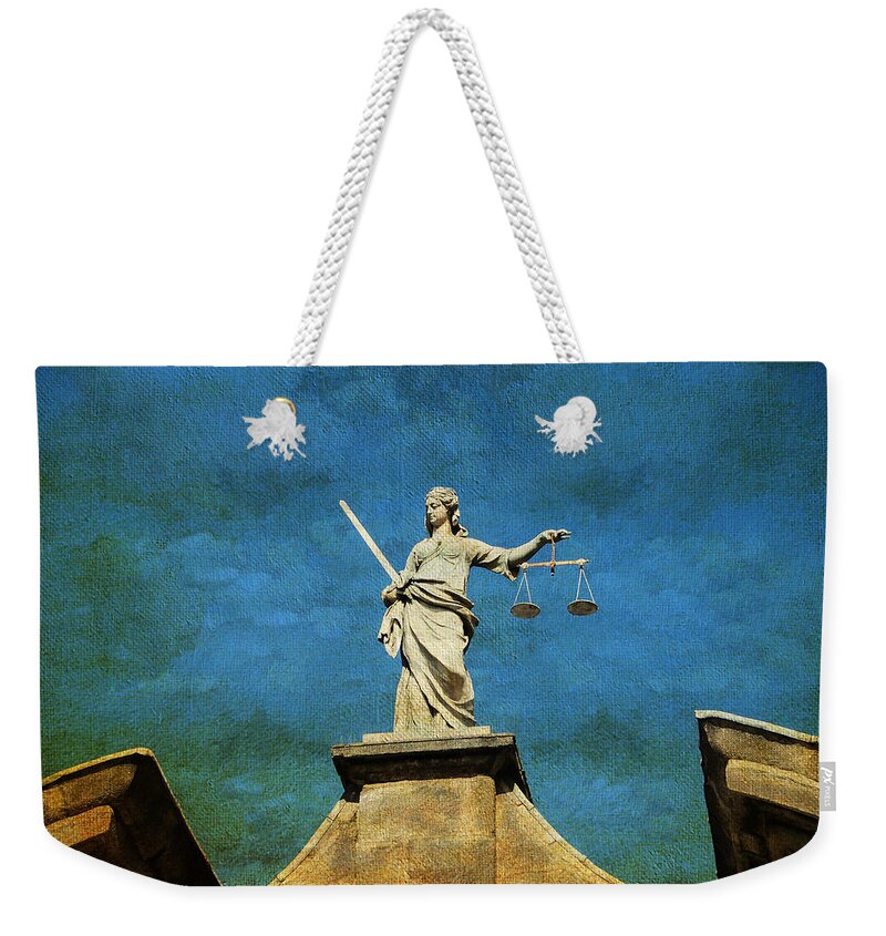 Ireland Weekender Tote Bag featuring the photograph Lady Justice. Streets of Dublin. Painting Collection by Jenny Rainbow