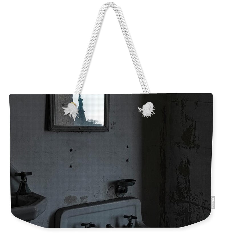 Jersey City New Jersey Weekender Tote Bag featuring the photograph Lady Liberty In The Mirror by Tom Singleton