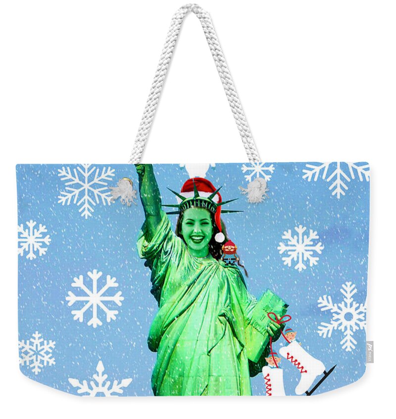 Christmas Card Weekender Tote Bag featuring the mixed media Lady Liberty's Got The Christmas Spirit II by Aurelio Zucco