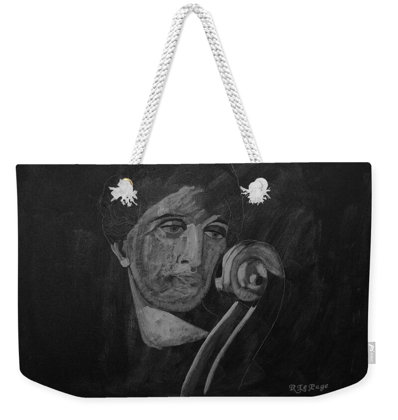 Cello Weekender Tote Bag featuring the painting Lady look at Cello Scroll by Richard Le Page