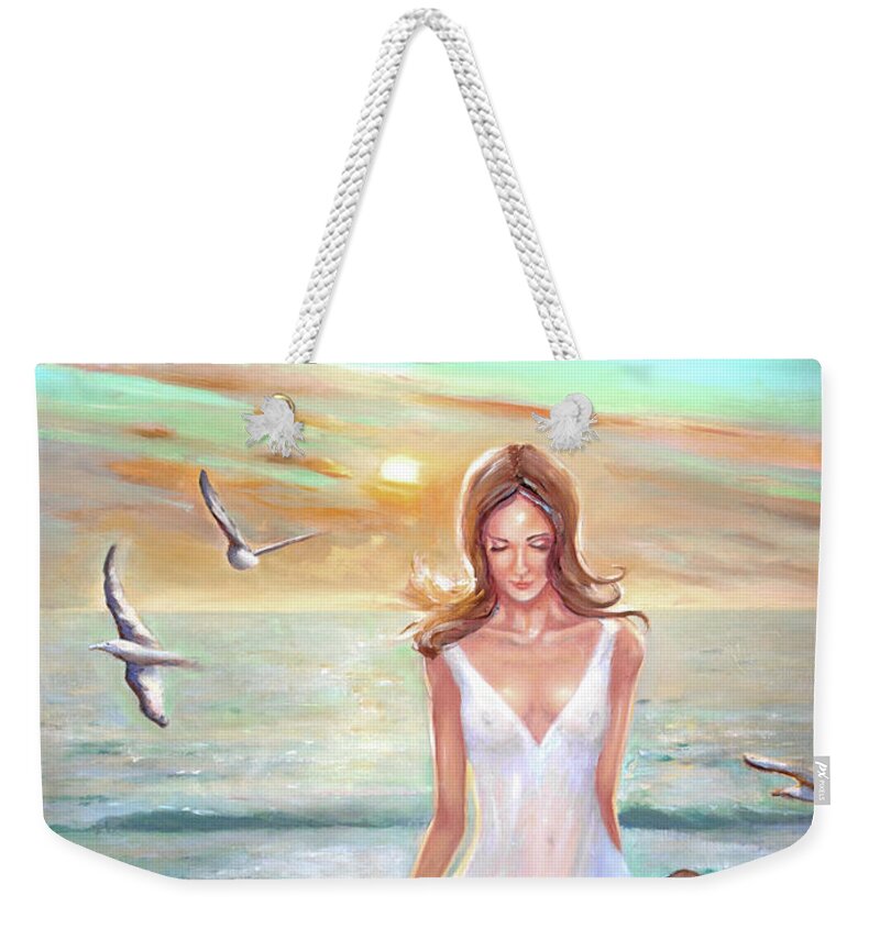 Lady Walking On The Beach Weekender Tote Bag featuring the painting Lady walking on the beach by Michael Rock