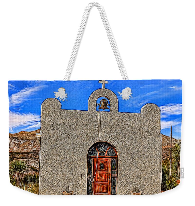 Lajitas Weekender Tote Bag featuring the digital art Lajitas Chapel Painted by Judy Vincent