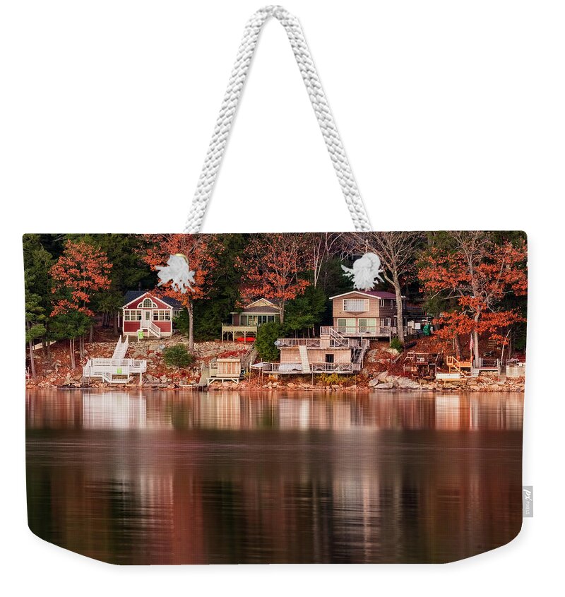 Spofford Lake New Hampshire Weekender Tote Bag featuring the photograph Lake Cottages Reflections by Tom Singleton