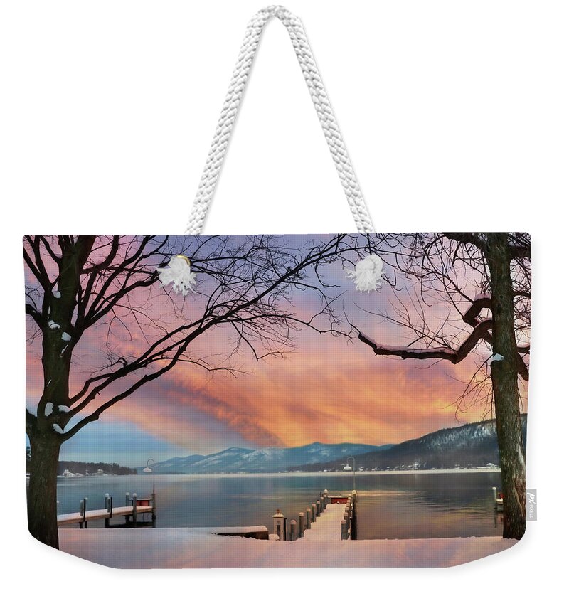 Lake George Weekender Tote Bag featuring the photograph Lake George Winter Sunrise by Lori Deiter
