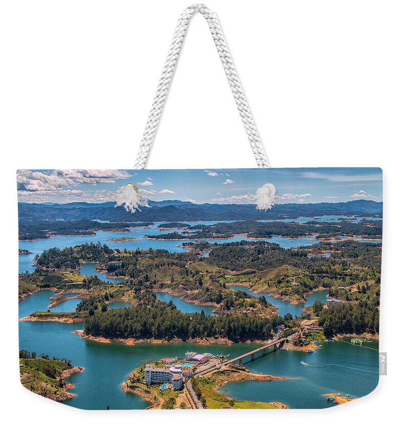 Landscapes Weekender Tote Bag featuring the photograph Lake Guatapa and Islands, Medellin, Columbia by Robert McKinstry