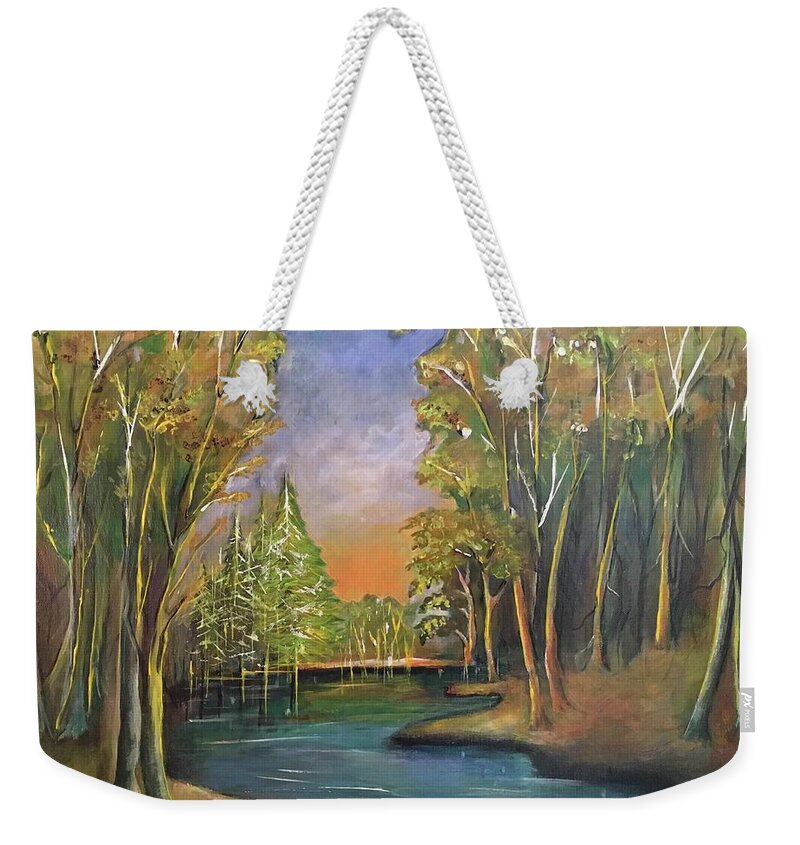 Original Acrylic Painting Weekender Tote Bag featuring the painting Lake in the woods by Maria Karlosak