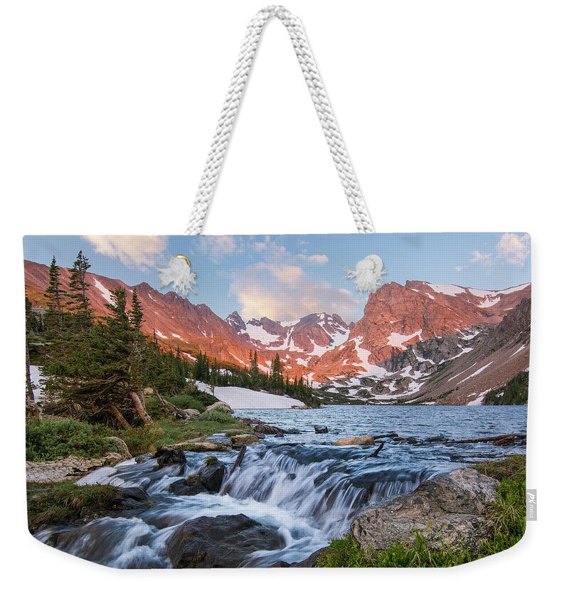 Lake Isabelle Weekender Tote Bag featuring the photograph Lake Isabelle Sunrise by Aaron Spong