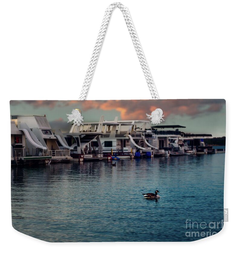 Water Weekender Tote Bag featuring the photograph Lake Murray Morning at the Marina by Tamyra Ayles