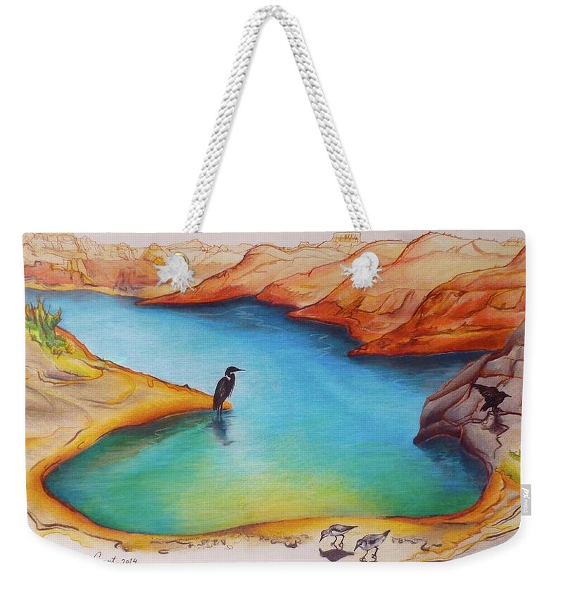 Landscape Weekender Tote Bag featuring the drawing Lake Powell birds by Leizel Grant