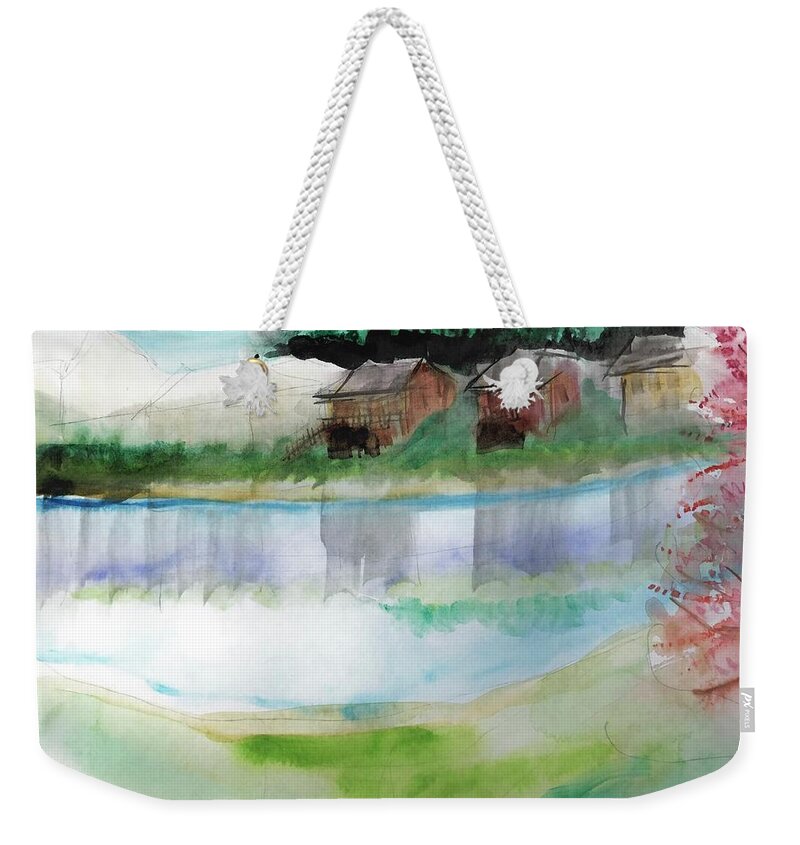 Watercolor Painting Summer Lake Water Houses Blue Green Weekender Tote Bag featuring the painting Lake Scene by Andra Miliacca