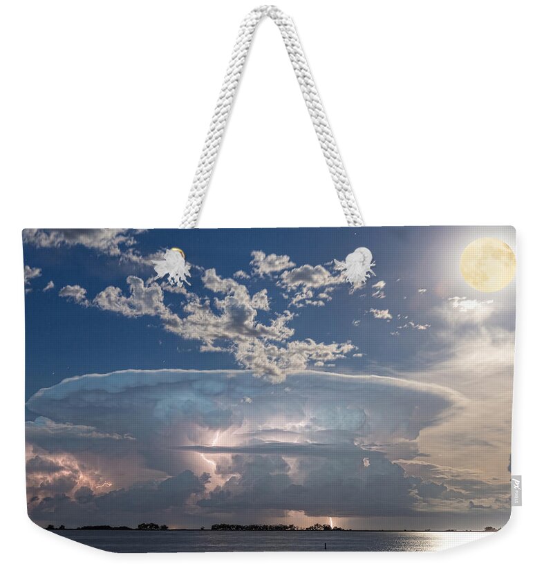 Storm Weekender Tote Bag featuring the photograph Lake Side Storm Watching With Full Moon by James BO Insogna