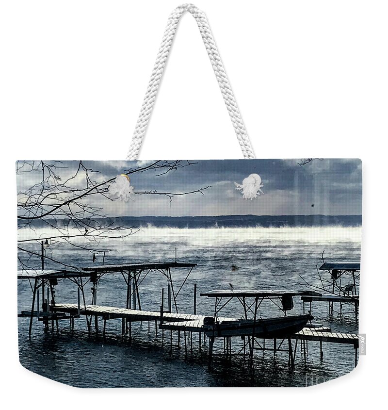 Winter Weekender Tote Bag featuring the photograph Lake Steam by William Norton