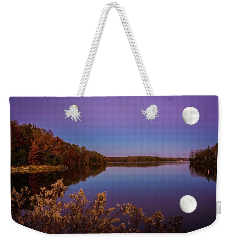 Lake Weekender Tote Bag featuring the photograph Lake Super Moon Reflection by Randall Branham