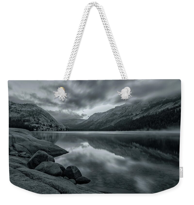 Landscape Weekender Tote Bag featuring the photograph Lake Tenaya at Early Dawn BW 2 by Jonathan Nguyen