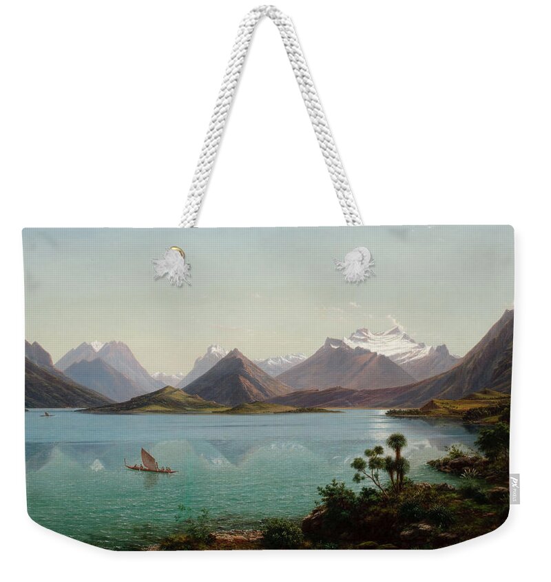 Eugene Von Guerard Weekender Tote Bag featuring the painting Lake Wakatipu with Mount Earnslaw. Middle Island New Zealand by Eugene von Guerard