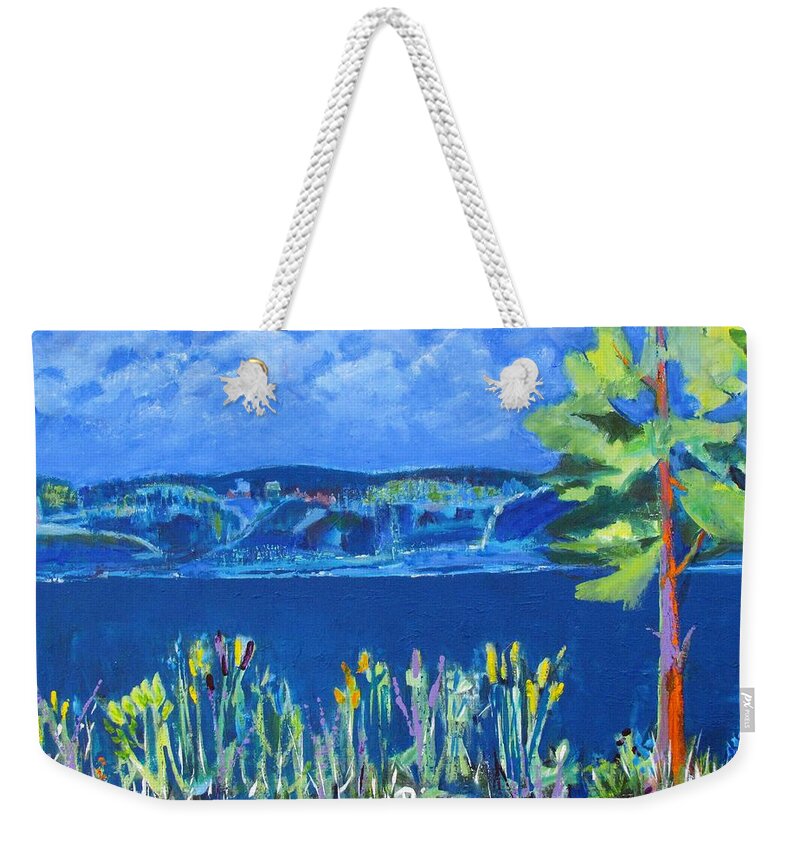 Dramatic Colors In Lakeside Painting Weekender Tote Bag featuring the painting Lakeside by Betty Pieper
