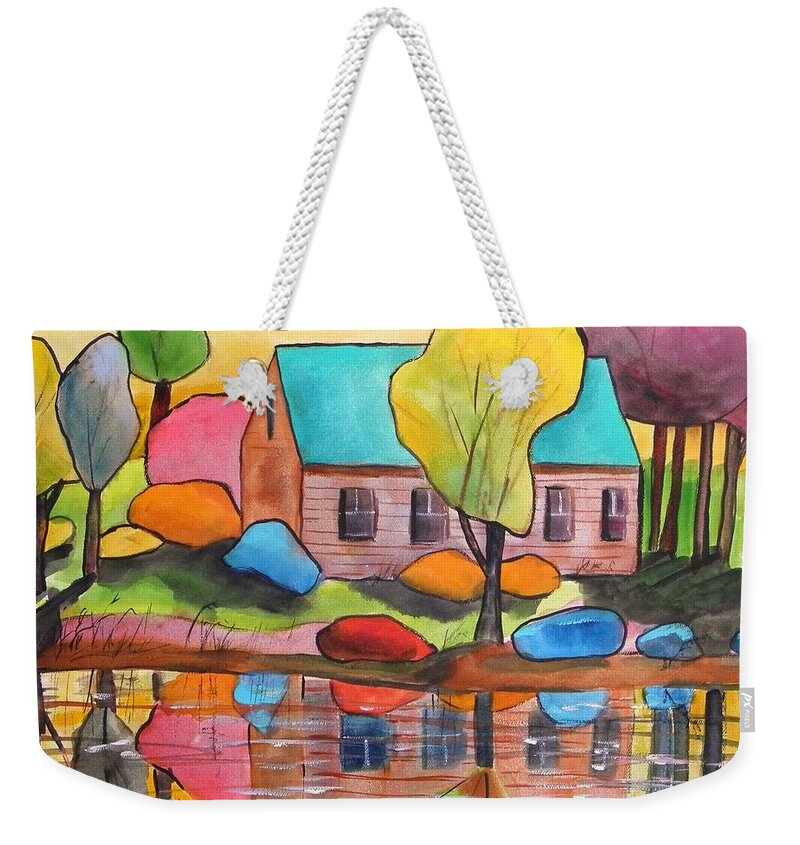 Landscape Weekender Tote Bag featuring the painting Lakeside Dream House by John Williams