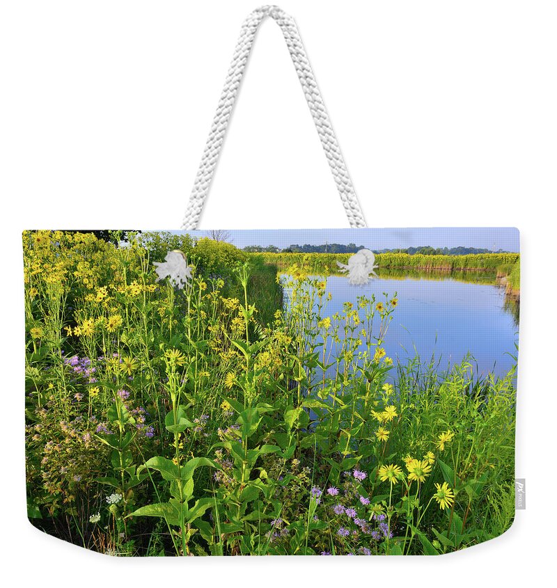 Sunflowers Weekender Tote Bag featuring the photograph Lakeside Sunflowers in Lake County by Ray Mathis