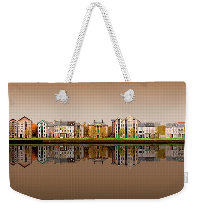 Lancaster Weekender Tote Bag featuring the digital art Lancaster Quayside Panoramic - Sepia by Joe Tamassy