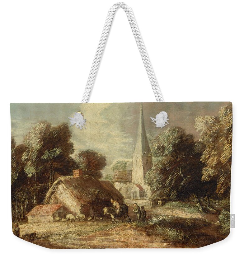 18th Century Art Weekender Tote Bag featuring the painting Landscape with cottage and church by Thomas Gainsborough