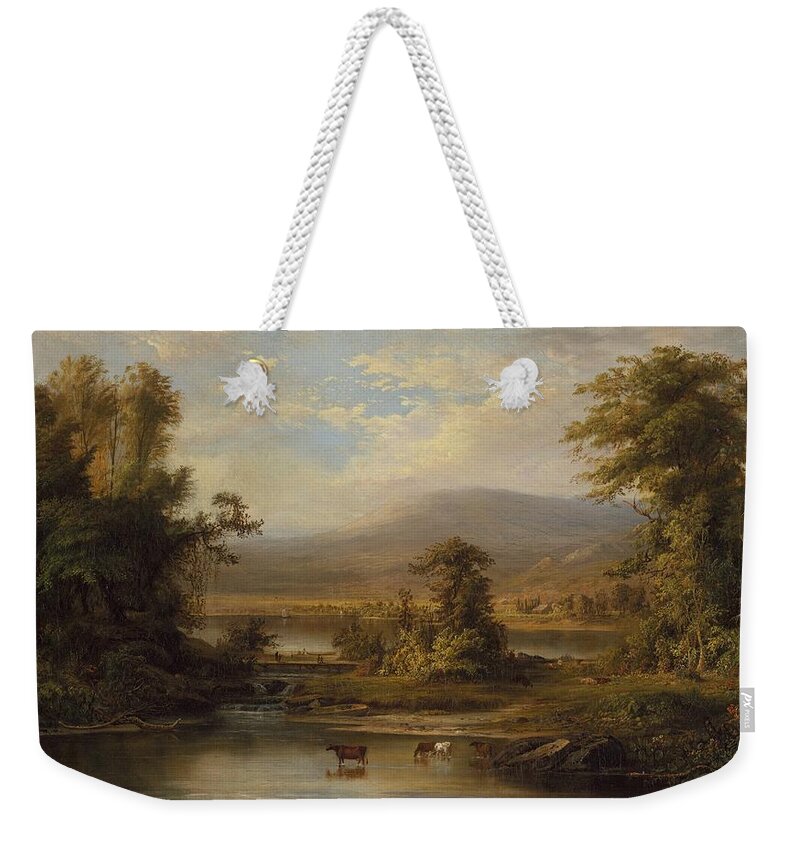 Landscape With Cows Watering In A Stream Weekender Tote Bag featuring the painting Landscape with Cows Watering in a Stream by MotionAge Designs