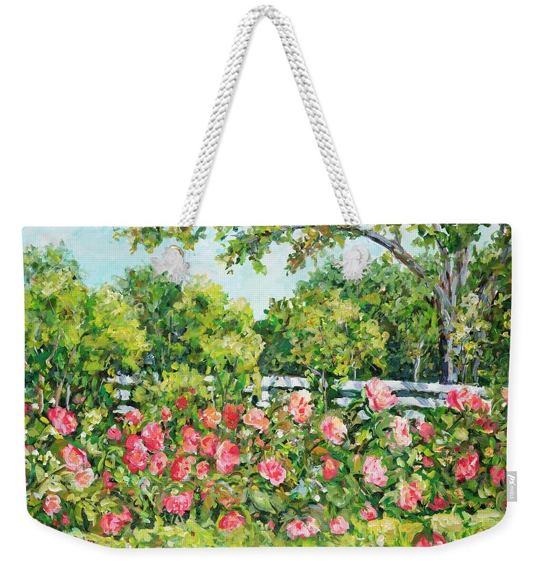 Landscape Weekender Tote Bag featuring the painting Landscape with Roses Fence by Ingrid Dohm