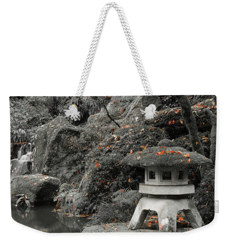 Portland Weekender Tote Bag featuring the photograph Lantern Along the Pond in Autumn by Don Schwartz