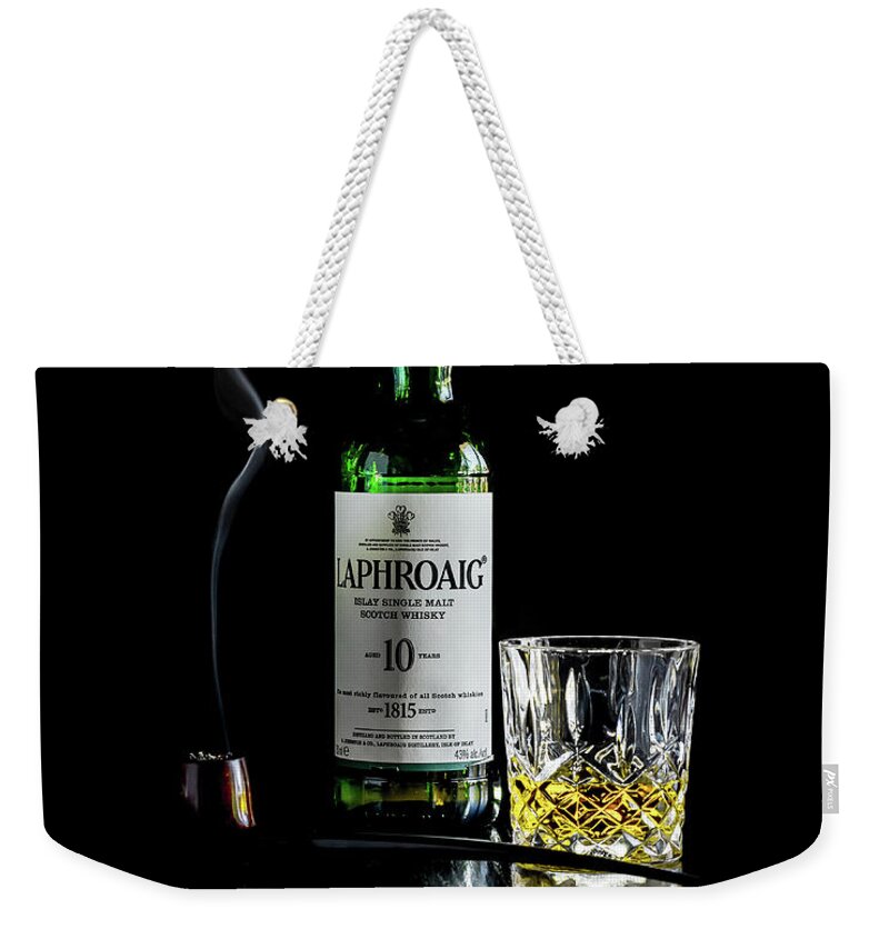 Laphroaig Weekender Tote Bag featuring the photograph Laphroaig and Pipe Smoke 2 by Adam Reinhart