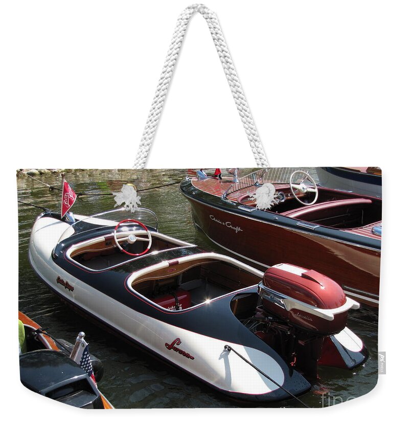 Boat Weekender Tote Bag featuring the photograph Larson Falls Flyer/30hp Johnson Javelin by Neil Zimmerman