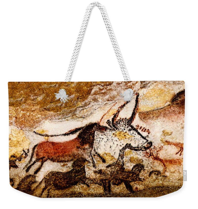 Lascaux Weekender Tote Bag featuring the digital art Lascaux Hall of the Bulls - Horses and Aurochs by Weston Westmoreland