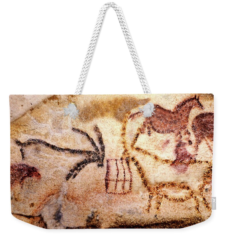 Lascaux Weekender Tote Bag featuring the digital art Lascaux - Two Ibex by Weston Westmoreland