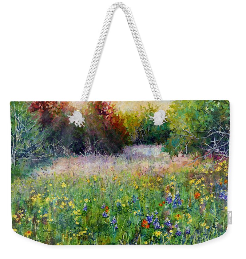 Bluebonnet Weekender Tote Bag featuring the painting Last Light by Hailey E Herrera