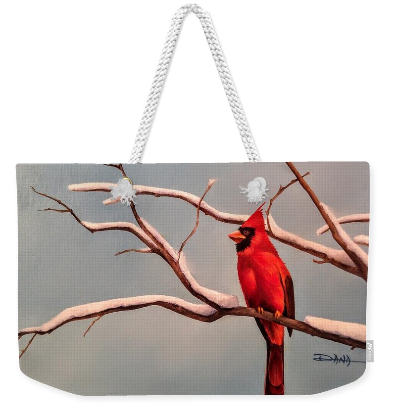 Birds Weekender Tote Bag featuring the painting Last snow of winter, Cardinal by Dana Newman