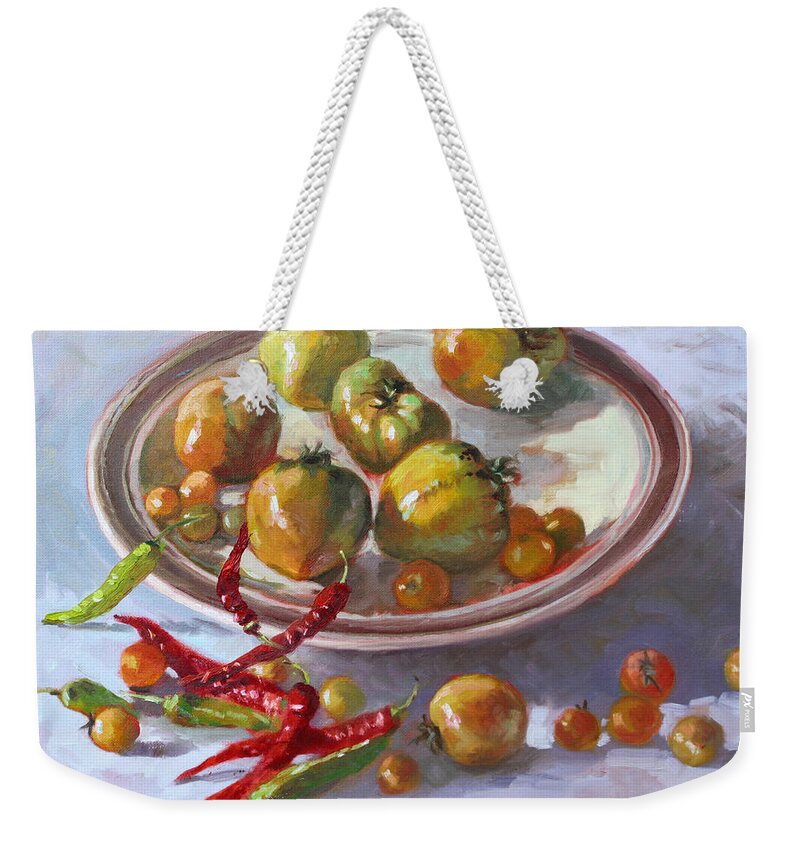 Last Tomatoes From My Garden Weekender Tote Bag featuring the painting Last Tomatoes from my Garden by Ylli Haruni
